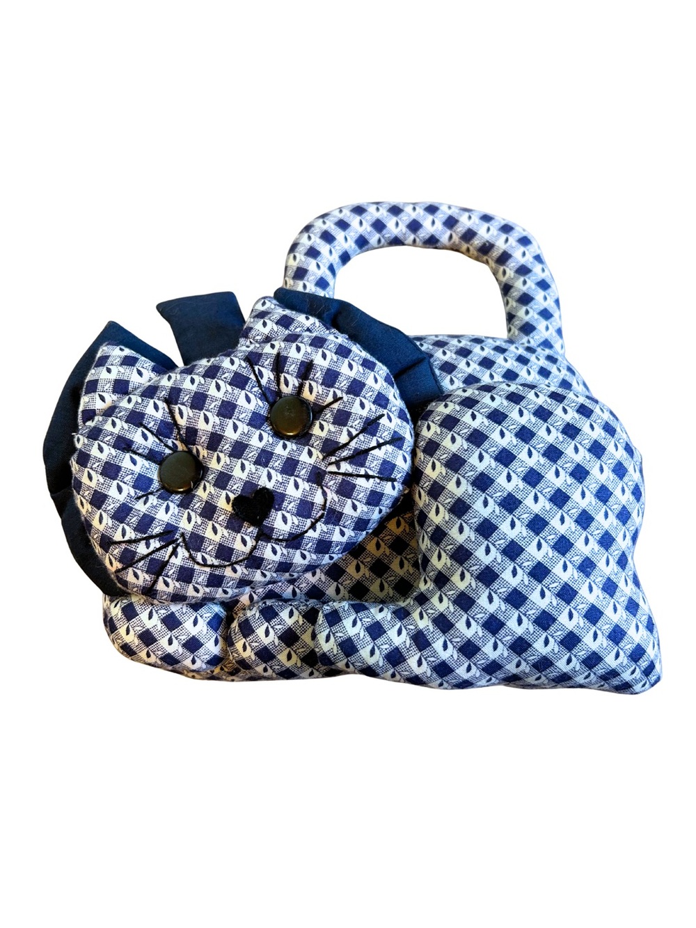 Vintage Blue and White Fabric Checkered Cat Door Stop